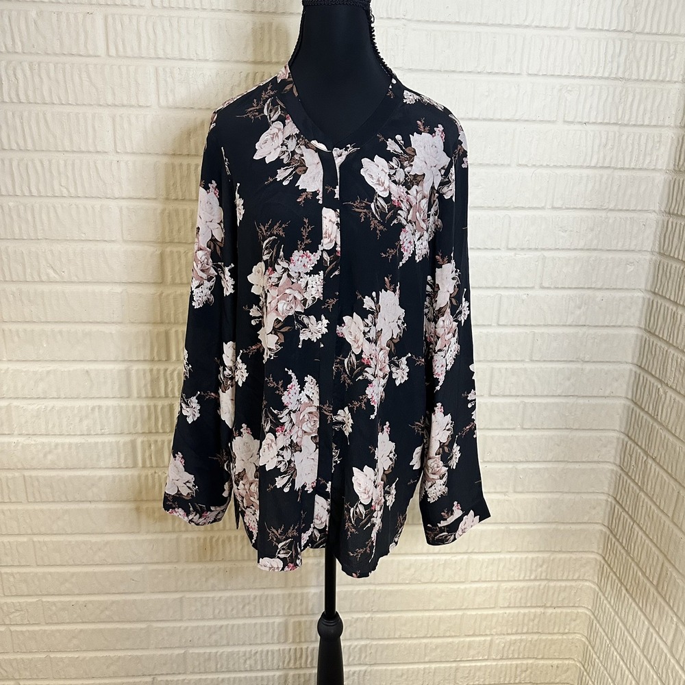 Joie Devitri Navy Blue Pink Floral Print Silk Button Down Blouse Size L Preppy